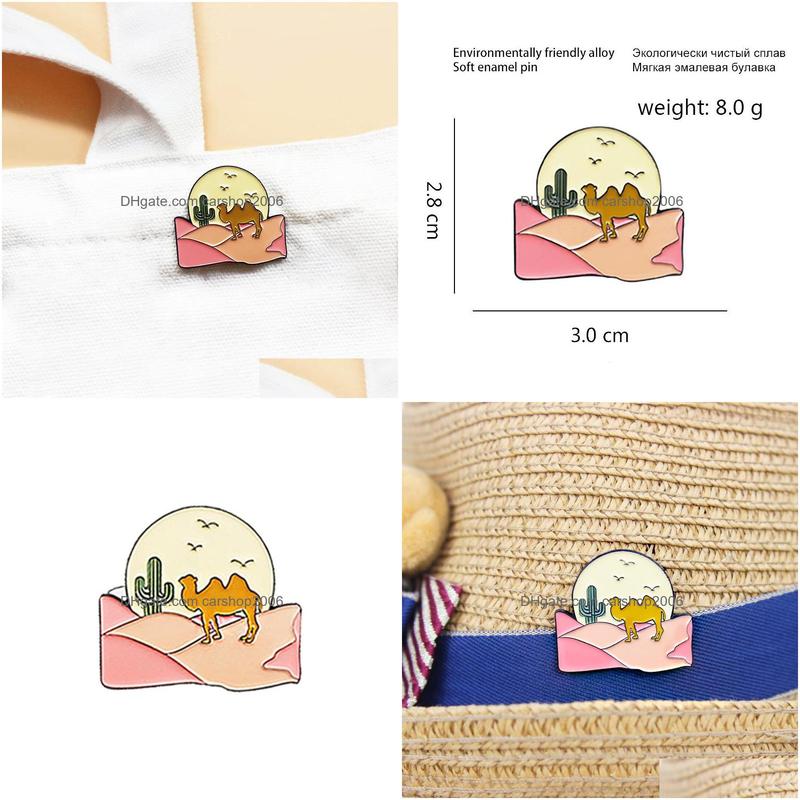 

Pins Brooches Cartoon Camel Walking In Pink Desert At Sunset Brooch Cactus Animal Enamel Pin Wholesale Creative Metal Badges Jewelr Dhqsr