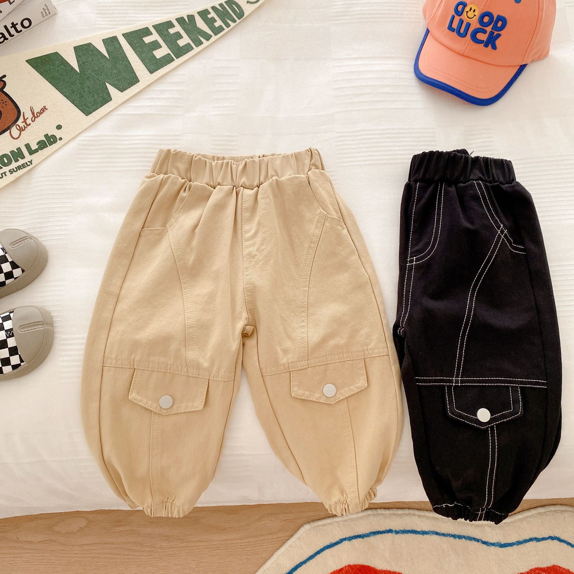 

Spring Autumn Fashion Children Cotton Clothes Baby Boys Girls Elastic Pocket Work Trousers Kids Infant Casual Sports Pants, Black