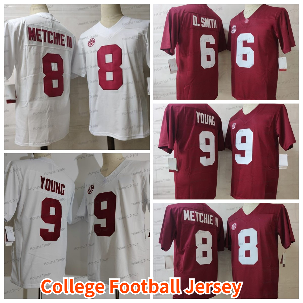 

NCAA 8 John Metchie III Football Jersey 9 Young 6 Devonta Smith Red White College Mens Stitched Jerseys, Men jersey