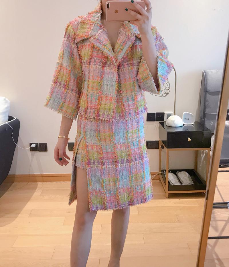 

Work Dresses Small Fragrance Color Plaid Suit Women Tweed Splicing Square Collar Short Coat Skirt Can Be Customized Size, See chart