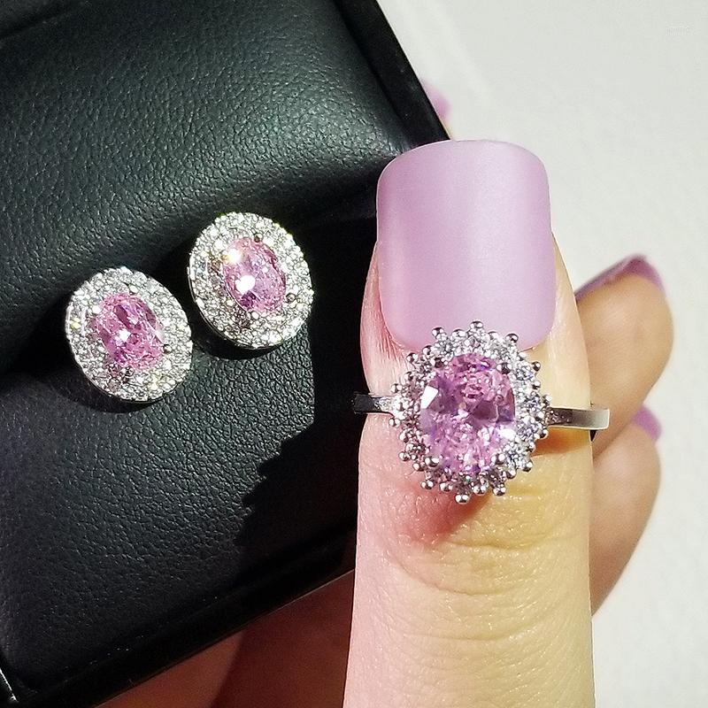 

Necklace Earrings Set 2pcs Pack Silver Color Bride Cushion Cut Zircon Jewelry Engagement Ring Stud Earring For Women Gift J4944-pink, Picture shown