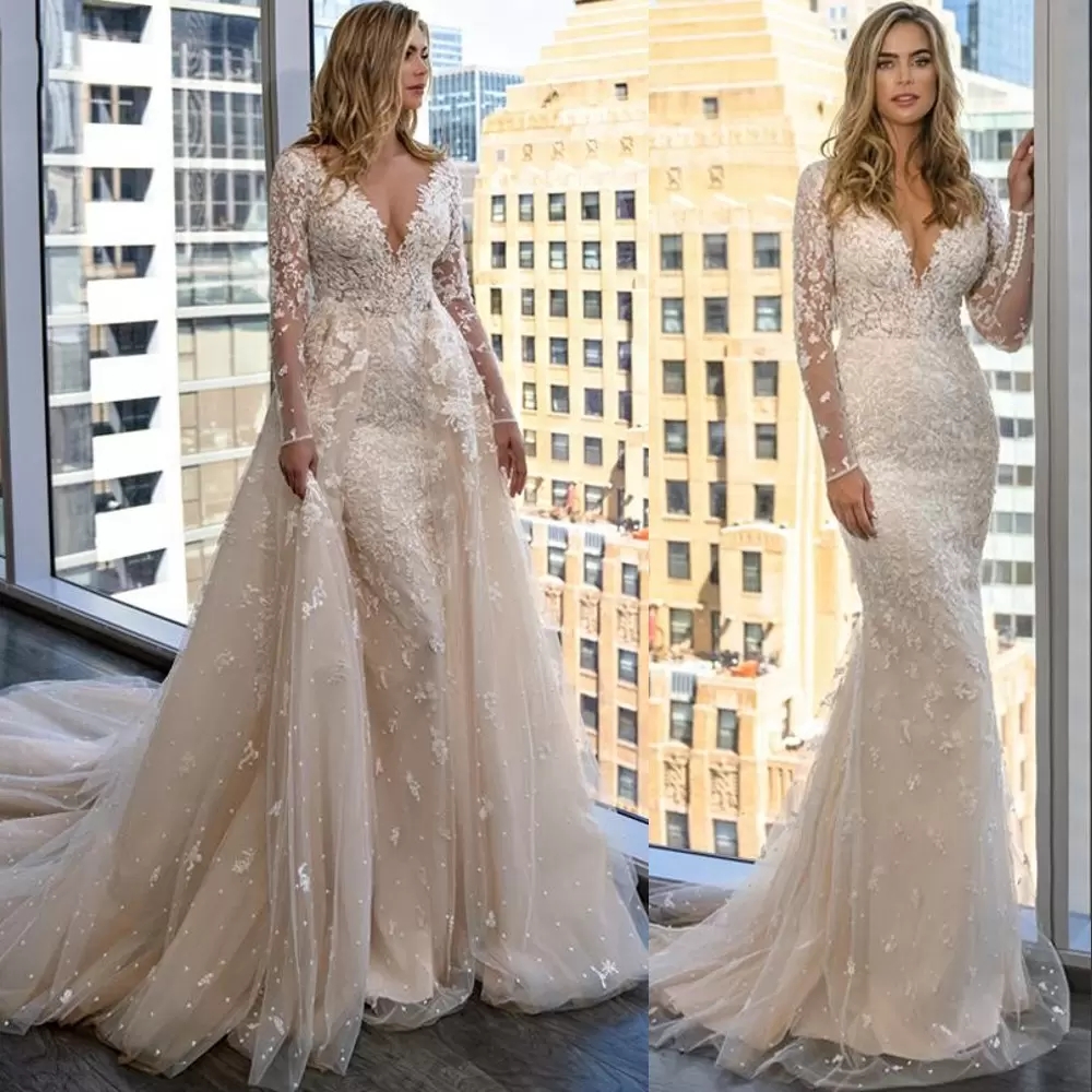 

2023 Said Mhamad Champagne Mermaid Wedding Dresses Bride Gown Deeep V Neck Long Sleeves Lace Appliques Bridal Gowns Plus Size Overskirts Detachable Train B1128, Silver