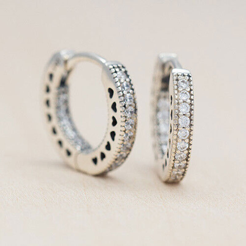 

925 Sterling Silver Pave Heart Hoop Earrings Fits European Pandora Style Jewelry Fashion Earrings