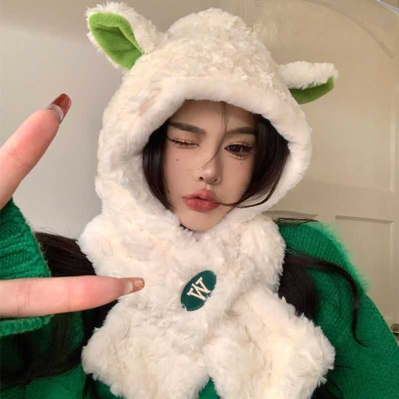 

Cloches Lamb Ear Hat Scarf One Piece Women's Cute Hair in Autumn and Winter Hooded Warm Ear Protection 2022 New, White lamb ear scarf hat
