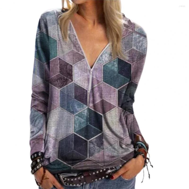 

Women's T Shirts Woman T-shirts 2022 Elegant Long Sleeve Geometric Print Cotton Blend Zipper V Neck Shirt Tops Loose Casual Pullover Blouse, Blue