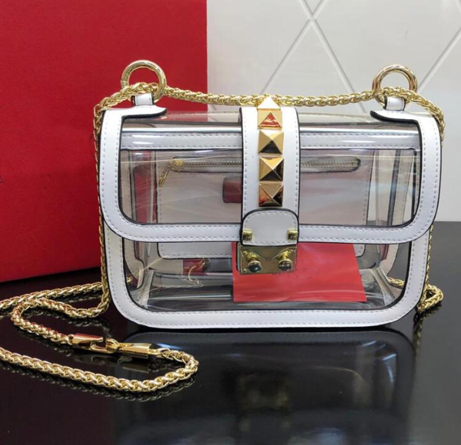

2021 PVC transparent jelly bag High quality Rivet Design women039s handbag clear Leather splicing luxury square crossbody bags 9933898, Nude