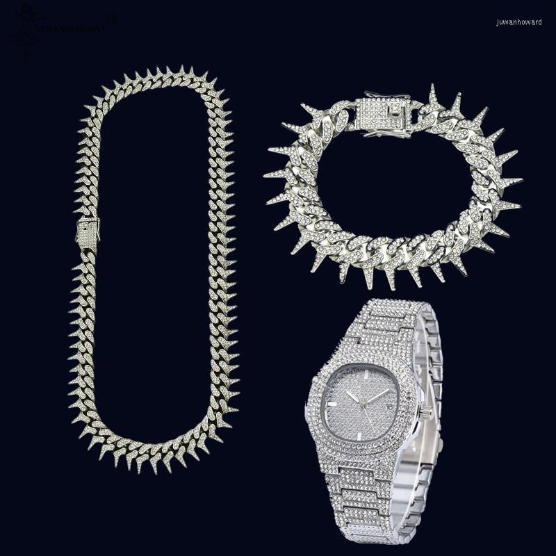 

Choker 20IN Hip Hop Cuban Link Chain Set Necklace Watch Bracelet Miami Sets Iced Out Jewelry For Women Men Jewellery 2/3pcs