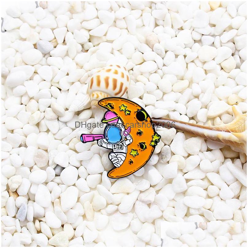 

Pins Brooches Cartoon Brooch For Boys Astronaut Exploring Cosmic Starry Sky With Handheld Astronomical Telescope On The Moon Enamel Dh2It