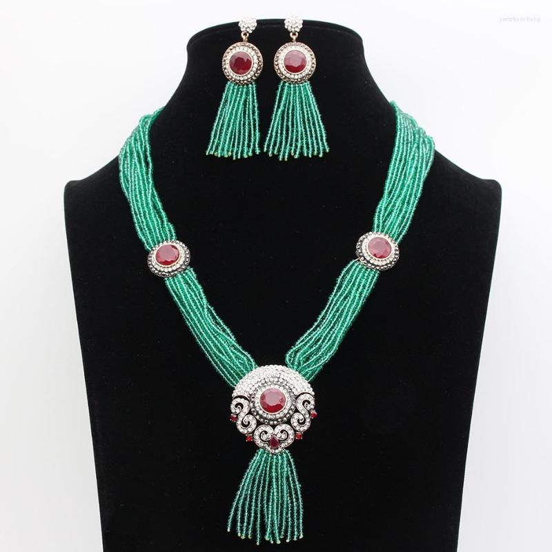 

Necklace Earrings Set Vintage Turkish Women Red Bead Resin Round Flower Long Tassels Earring Multi Chain India Bride Bijoux Gift, Picture shown