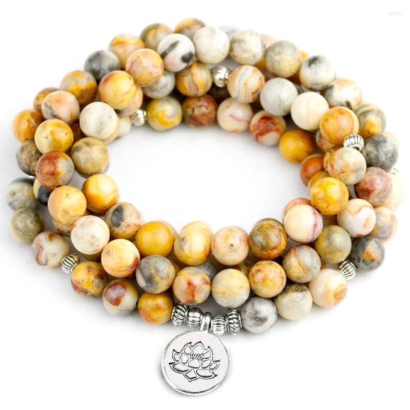 

Strand Natural Crazy Onyx Bracelet OM Buddha Lotus Charm Wrist For Women Men Buddhist Yoga Mala Unisex Jewelry