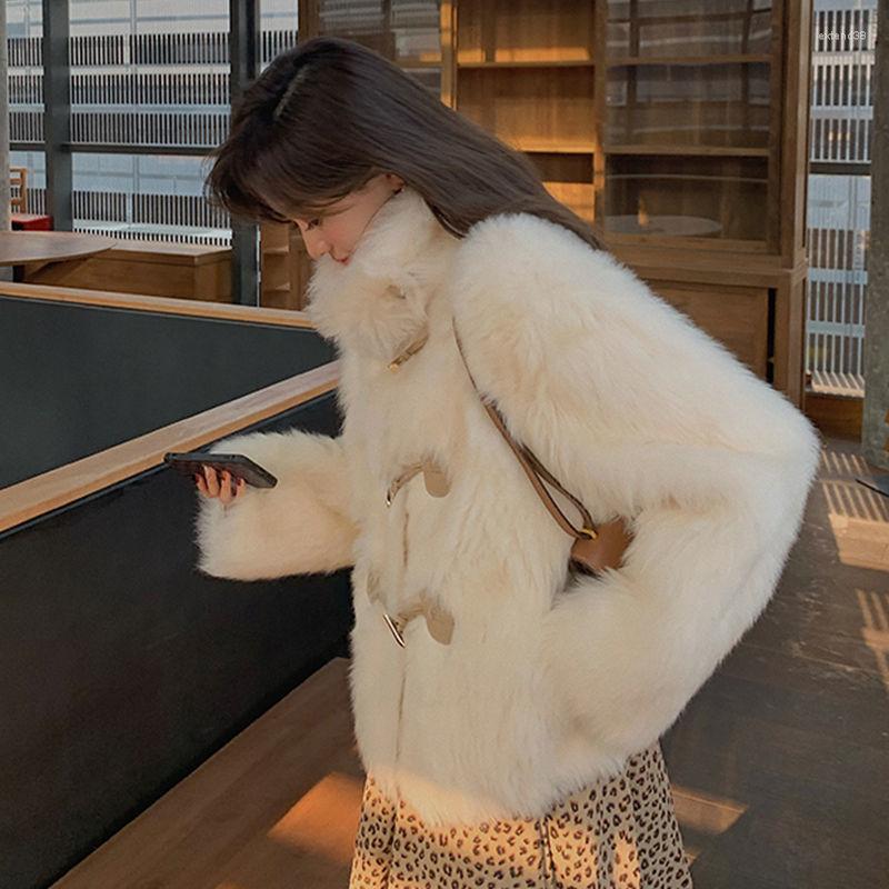 

Women' Fur 2022 Winter Women' Faux Jacket Fashion Thick Long Sleeve Loose Coat Women Stand-up Collar Outerwear C124, Creamy-white