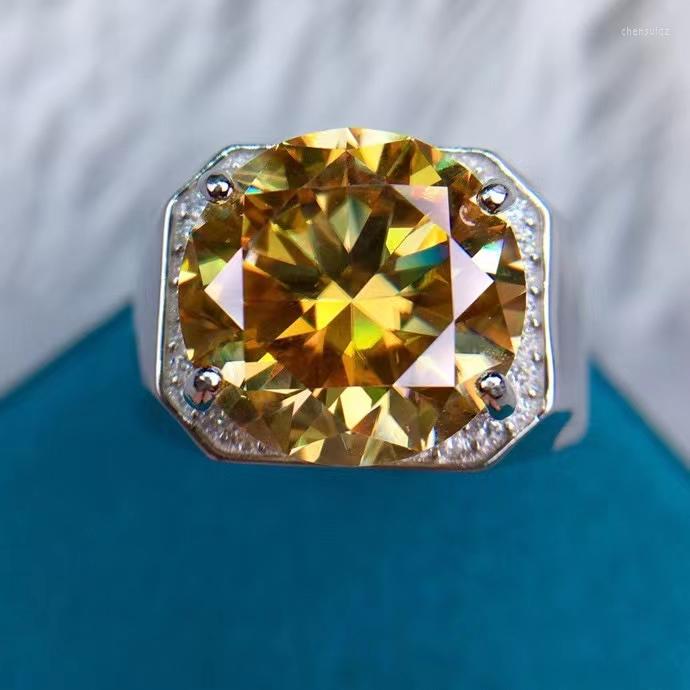 

Cluster Rings Passed Diamond Test Perfect Cut VVS Classic 8ct 13mm Yellow Moissanite Men Ring S925 Sterling Silver Luxury Jewelry