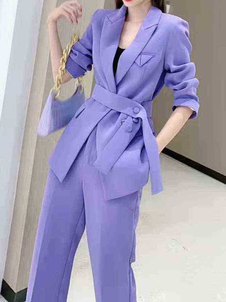 Printemps automne femmes élégant à lacets Blazers deux pièces ensemble bureau dames violet pantalon costume vêtements de travail costume J220813