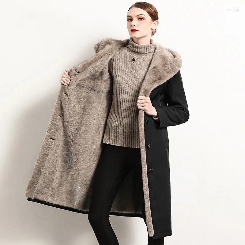 

Women's Fur Imitation Mink Liner Midi Faux Coat Winter Plus Velvet Warm Hooded Drawstring Slim Waist Women Parka Jacket Overcoat, Red wine