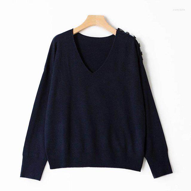 

Women' Sweaters Women Solid Color Long Sleeve V Neckline One Shoulder Button Knit Sweater Pullover Top, Style 1