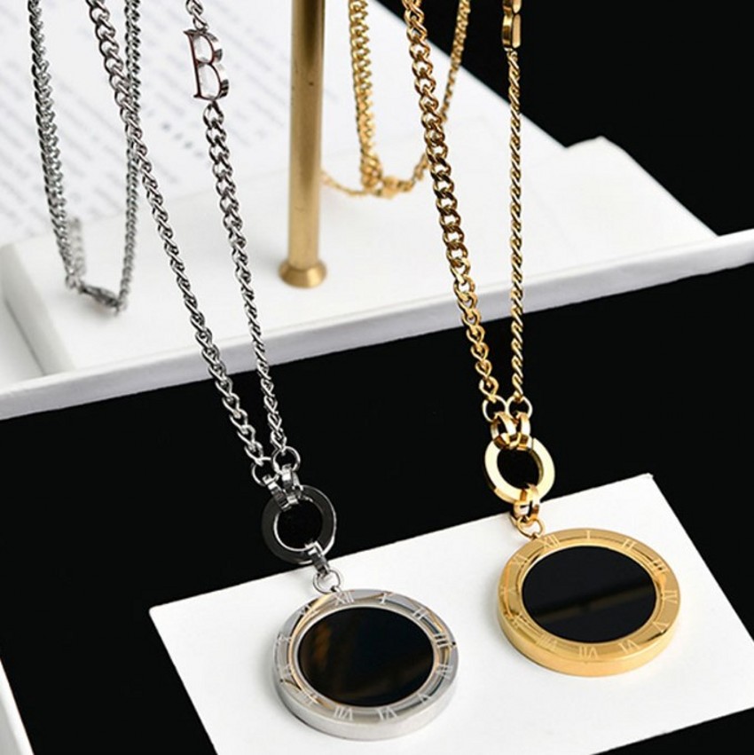 

Personalized black and white double sided Roman disc long sweater chain titanium steel necklace
