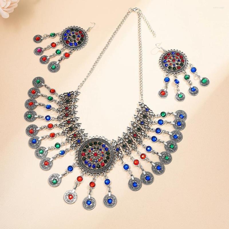 

Necklace Earrings Set Gypsy Vintage Metal Colorful Crystal Necklaces Hair Clips Sets For Women Bridal Afghan Wedding Party Jewelry, Picture shown