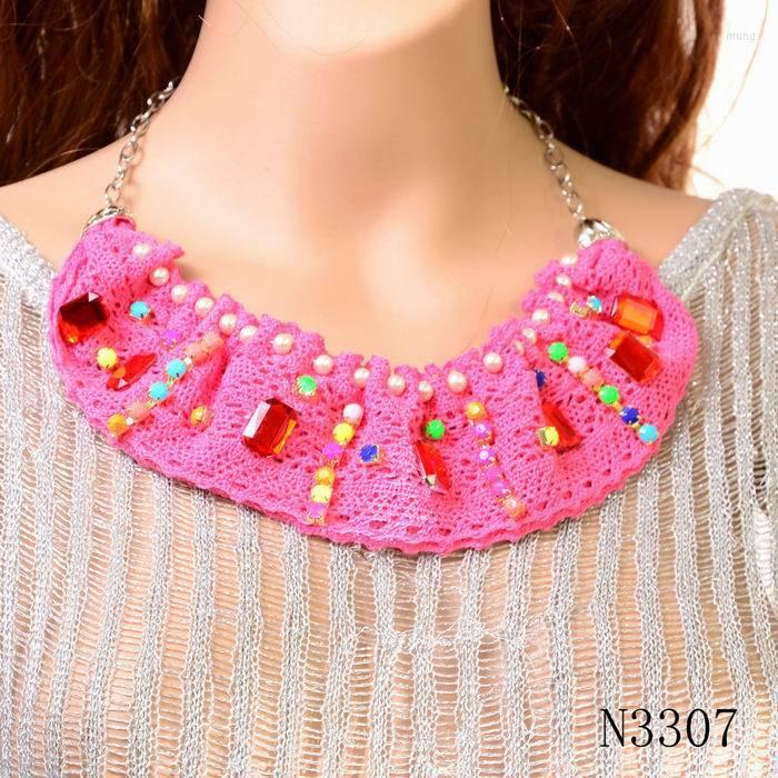 

Choker Fashion Pink Pearl Bead Chain Collar Necklace Crystal Big Pendant Lace For Women Jewelry