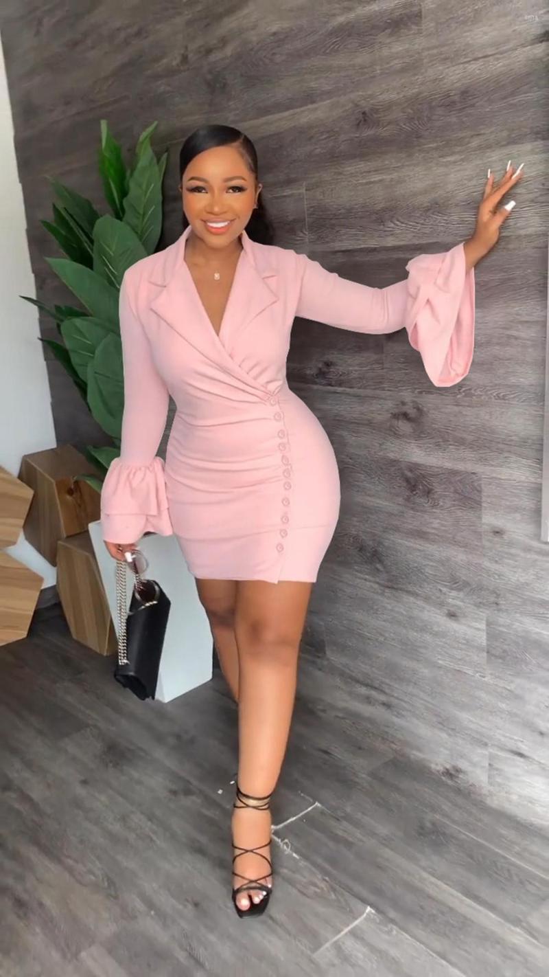 

Casual Dresses Autumn Fashion Dress For African Women Solid V-neck Flare Sleeve Sexy Wrap Hip Short Elegant Commuter Fitted, Black