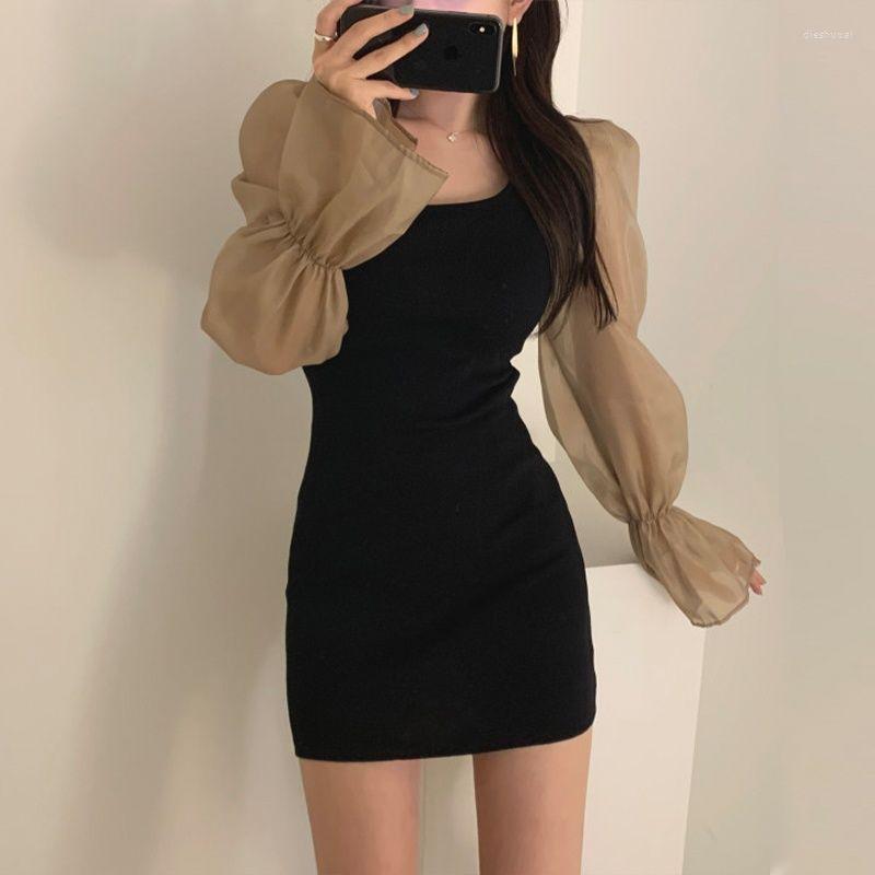 

Casual Dresses Vintage Slim High Waist Mini Chiffon Sleeve Dress Women Robe Party Patchwork Black Gauze Fall Vestido Bodycon A Line, Khaki