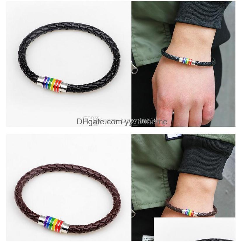 

Charm Bracelets Arrival Rainbow Charm Woven Leather Bracelets Stainless Steel Magnetic Buckle Bracelet Jewelry For Men Women Epacket Dhduz