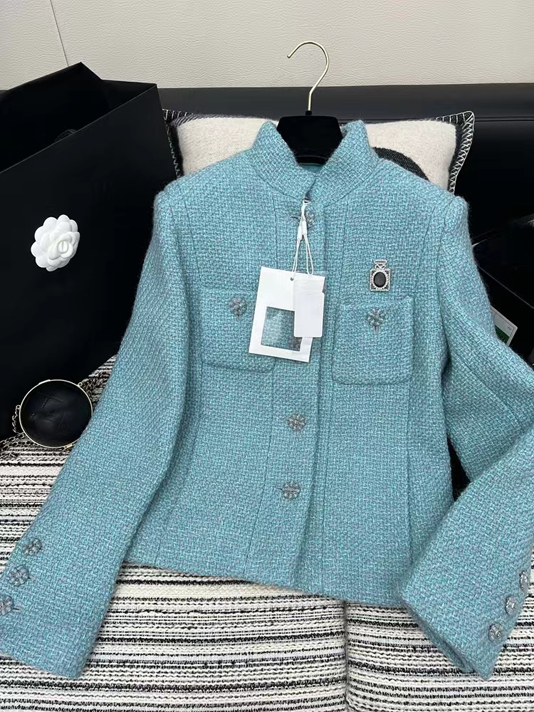 

Chan New Women' brand jacket OOTD designer Fashion top-grade autumn winter classics CCC LOGO tweed coat Leisure Spring Coats cardigan Women birthday Christmas Gift, Blue