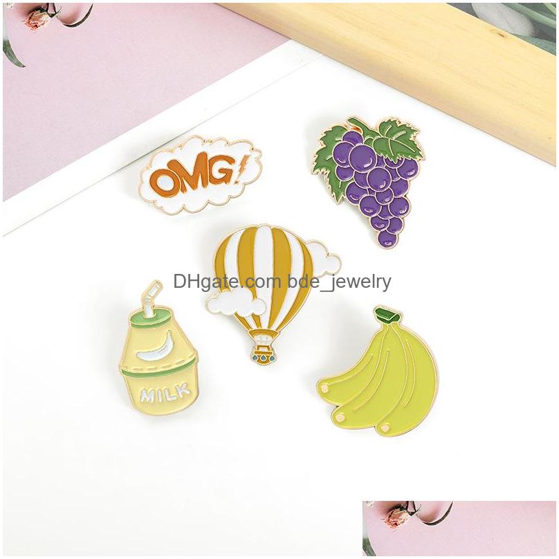 

Pins Brooches Cartoon Letter Fruit Pins 5Pcs/Set Banana Grape Brooches For Women Air Balloon Enamel Pin Jewelry Gold Plated Badges Dhlof