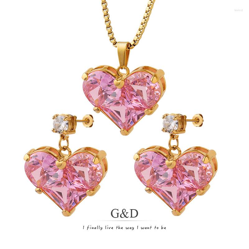 

Necklace Earrings Set G&D 2pcs/Set Romantic Large Pink Heart Pendant Necklace/Drop Non Tarnish Stainless Steel Jewelry For Women Gift, Picture shown