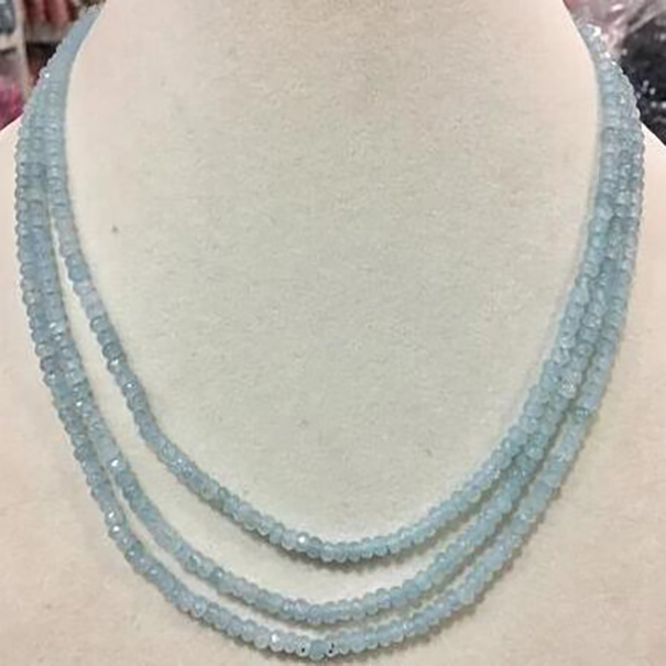 

3 row 2X4 mm New Genuine top facial aquamarine bead necklace 17-19"