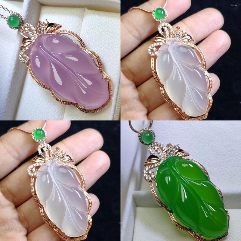 

Pendant Necklaces Natural Chalcedony Green Agate Gold Branch Jade Leaf Necklace