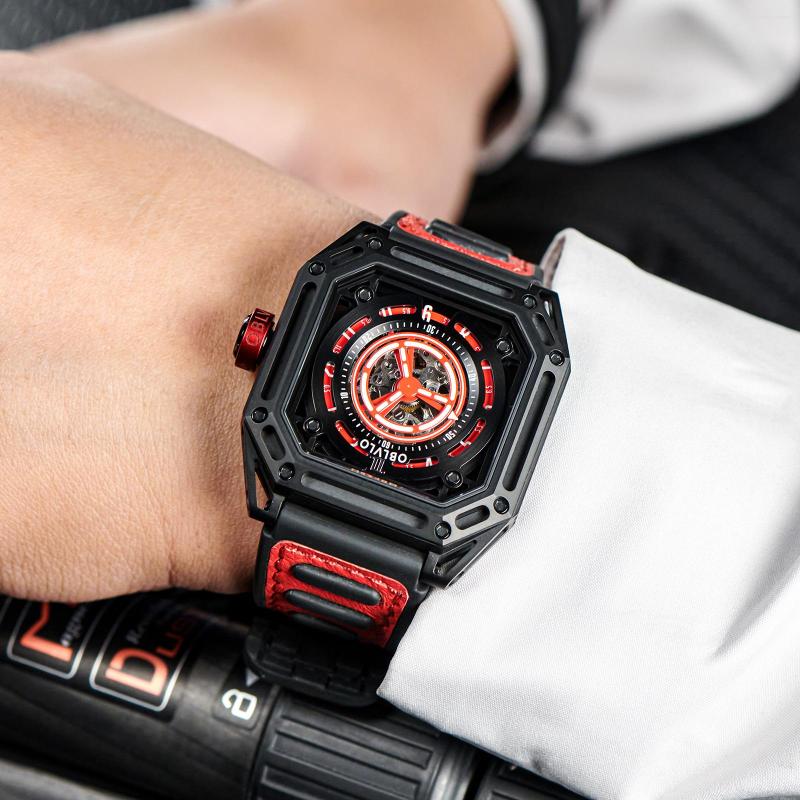 

Wristwatches OBLVLO Luxury Black Sport Watch For Men Self-wind Mechanical Automatic Waterproof Square Cool Luminous Rubber AK, Ak-s-ywwb