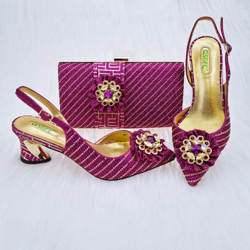

Dress Shoes Latest Magenta Color Fashion And Elegant Flower Design Chinese Pattern Party Ladies Bag Set, Photo color