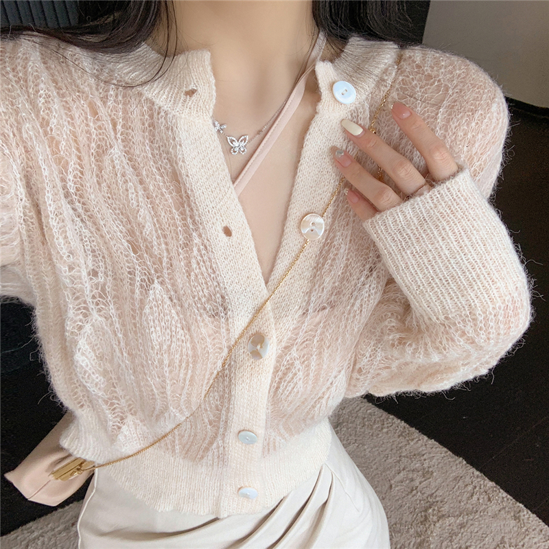 

Women  Knits Tees Limiguyue Soft Knitting Cardigan Women Gentle Wool Mohair Sweater Loose Casual Tops Beach Single Breasted Hollow Lightweight 221125, As pic