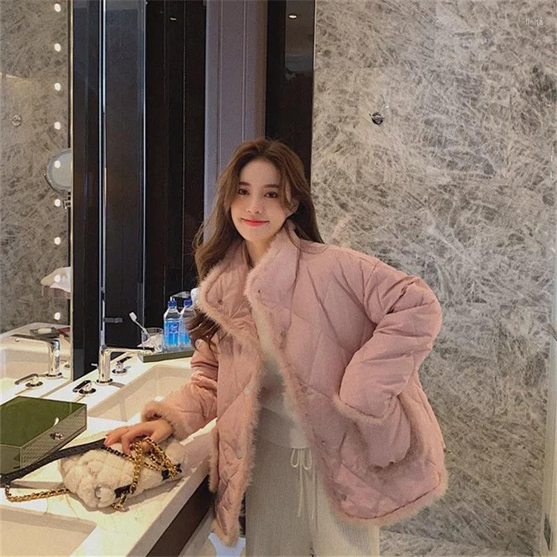 

Women' Trench Coats 2022Winter Rhombus Short Stand Collar Stitching Imitation Mink Hair Light Down Padded Jacket Women Cotton Button Loose, Pink