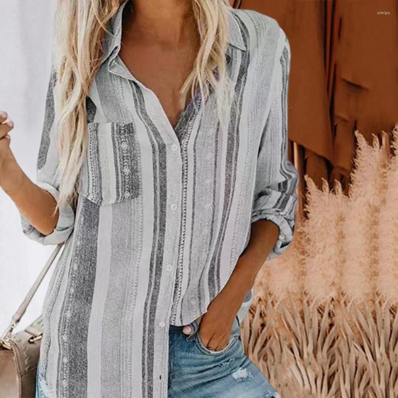 

Women' Blouses Women Casual Shirt Lapel Long Sleeve Patch Pocket Vertical Striped Print Buttons Down Loose Office Female Streetwear, Green