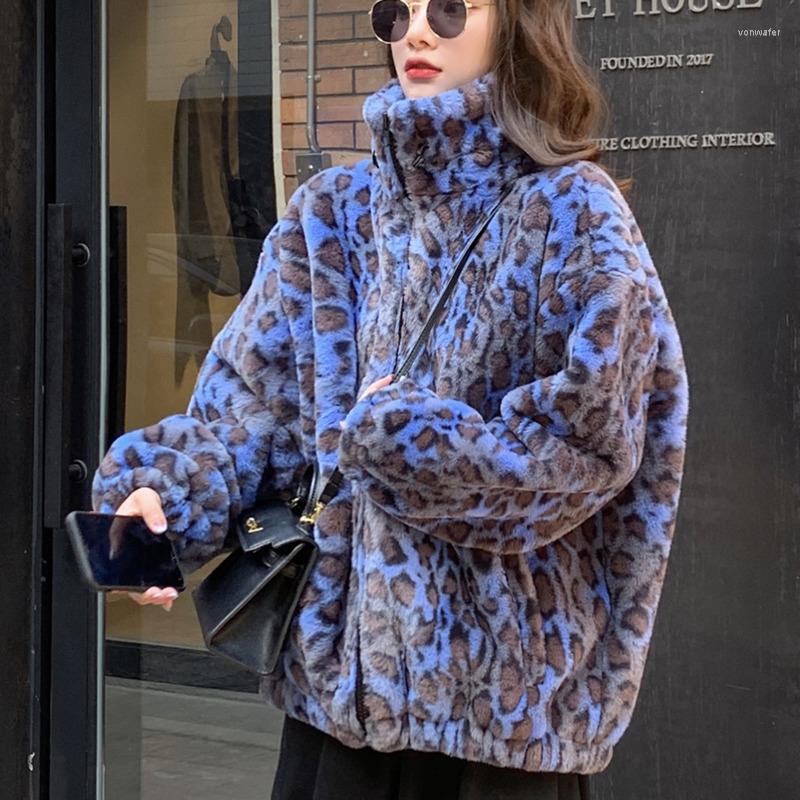 

Women' Fur Winter 2022 Korean Version Loose Warm Lamb Hair Women Short Coat Female Leopard Plush, Colorful blue leopar