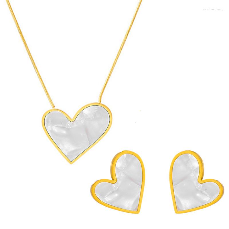 

Necklace Earrings Set 316L Whole Body Stainless Steel Gold Edge Blue Heart Ear Pin Snake Bone Chain Ladies Jewelry, Picture shown