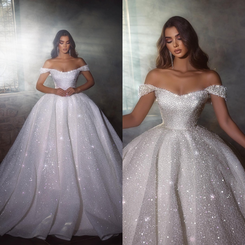 

2023 Luxurious Off Shoulder Bling Sequins Ball Gown Wedding Dress Crystals Arabic Bridal Gowns BC14723s B1128s, White