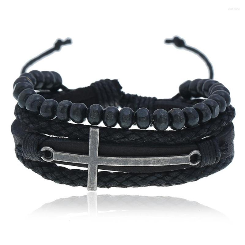 

Link Bracelets Cross Design Black Beaded Bracelet For Men Simple Multilayer Woven Adjustable Leather Couple Bangle Stainless Steel