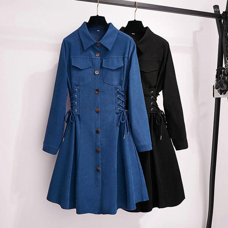 

Casual Dresses Sexy Bandage Single-Breasted Lapel A-Line Dress Women 4XL Plus Size Corduroy Shirt Vintage Slim Lace-Up Pleated, Black