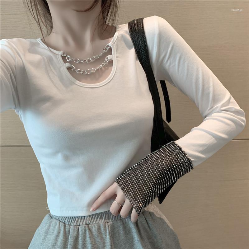 

Women' T Shirts Tops Women 2022 Autumn Korean Chain Trendy With Diamond Sleeves Sexy Women' Bottoming Shirt Short Blouses Black White