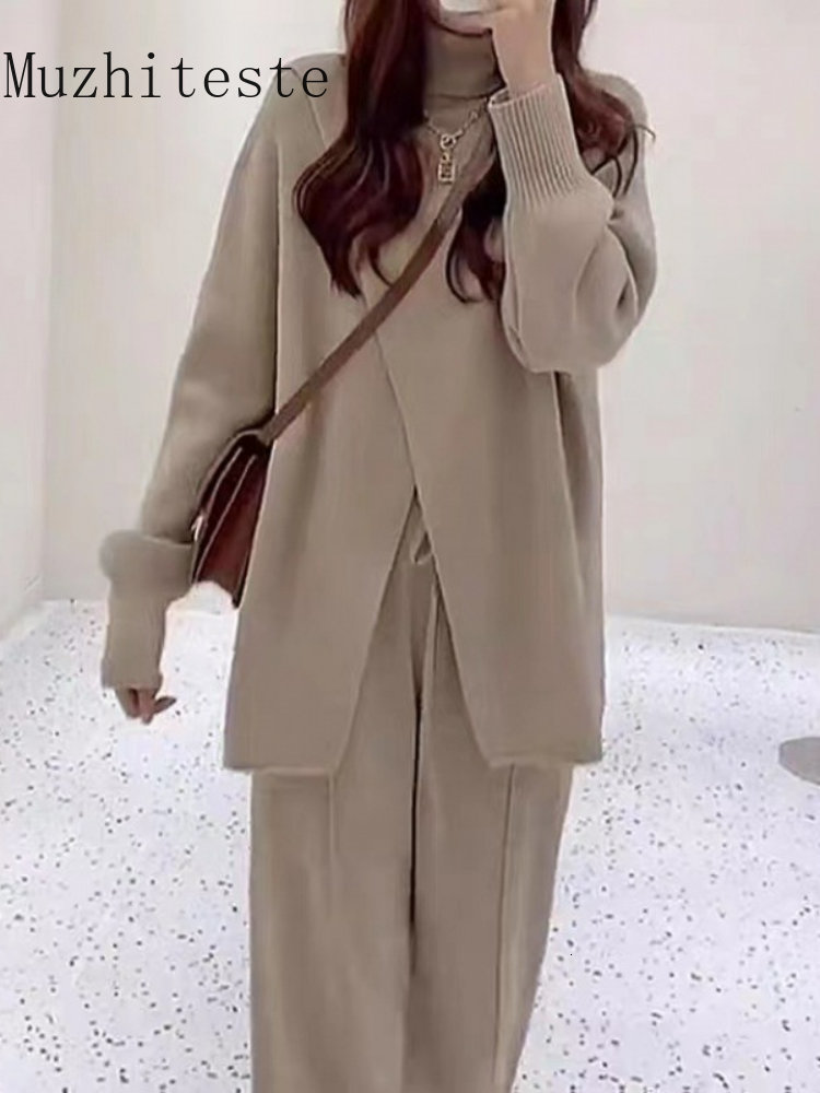 

Women s Two Piece Pants Autumn Winter High Neck Knitting Suit Irregular Sweater Trousers piece Set Womens Peice Sets Clothes 221125, Khaki
