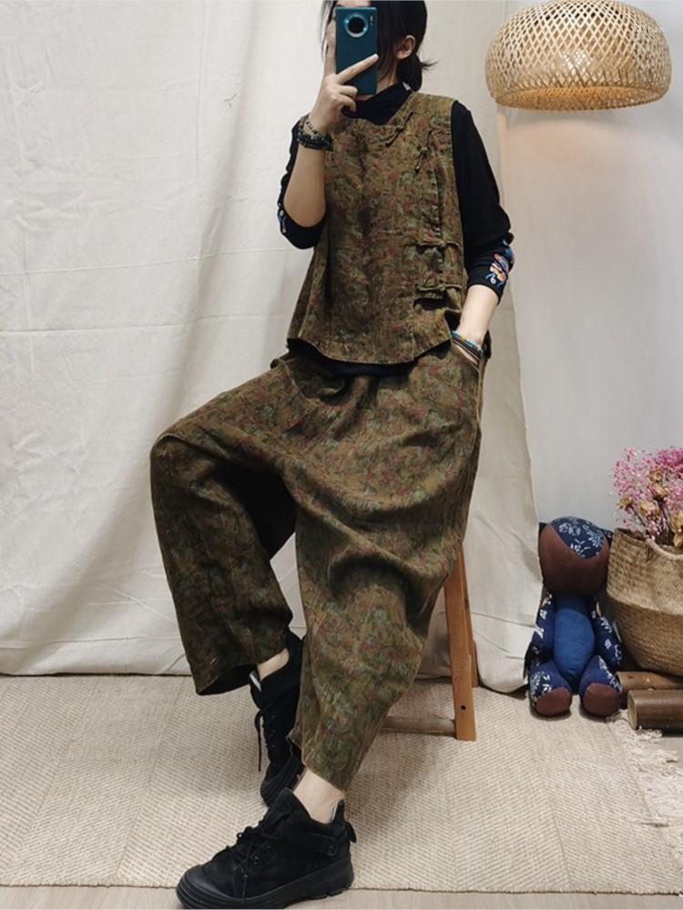 

Women's Two Piece Pants Women Suits 2022 Autumn Retro Casual Print Flax Ladies Oblique Placket Button Vest Elastic Waist Wide Leg, Figure 1