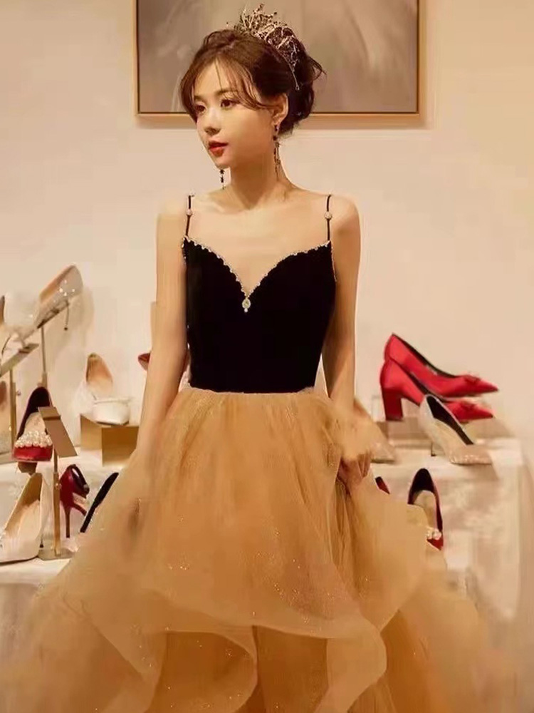 

Stunning Evening Dress Champagne with Black Long Prom Gowns Sweetheart Lace-Up Back, Same as picture