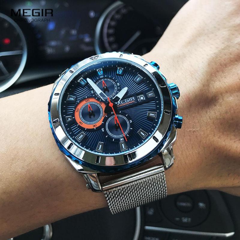

Wristwatches Megir Mesh Strap Quartz Watches Men 2022 Luxury Blue Face Chronograph Wristwatch Men's Luminous Waterproof Watch, Ms2075g-black-mesh
