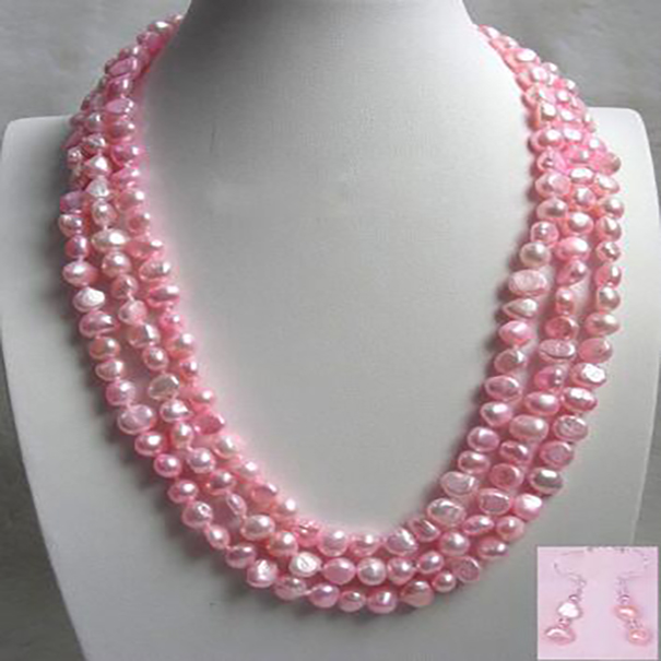 

Stunning Jewellery genuine 3row freshwater 8-9mm pearl necklace earring set
