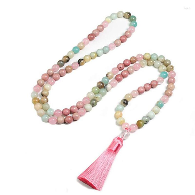 

Chains Spirituality Jewelry For Women 108 Mala Necklace With Pink Tasssel Rose Q-uartz Amazonite Rhodochrosite Meditation