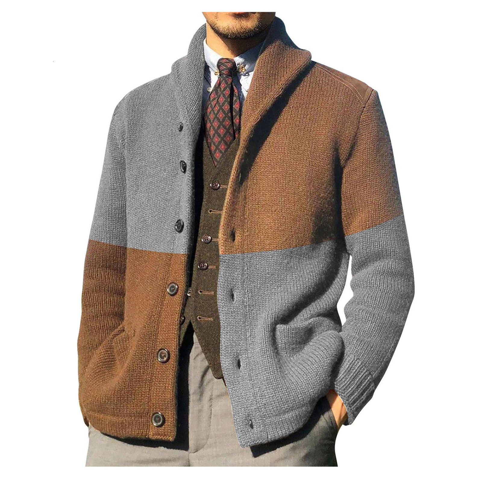 

Men's Sweaters Splicing Cardigan Sweaters For Men Casual Shawl Long Sleeve Color Block Button Up Knitted Sweaters Coat Autumn Winter Outwear 221128