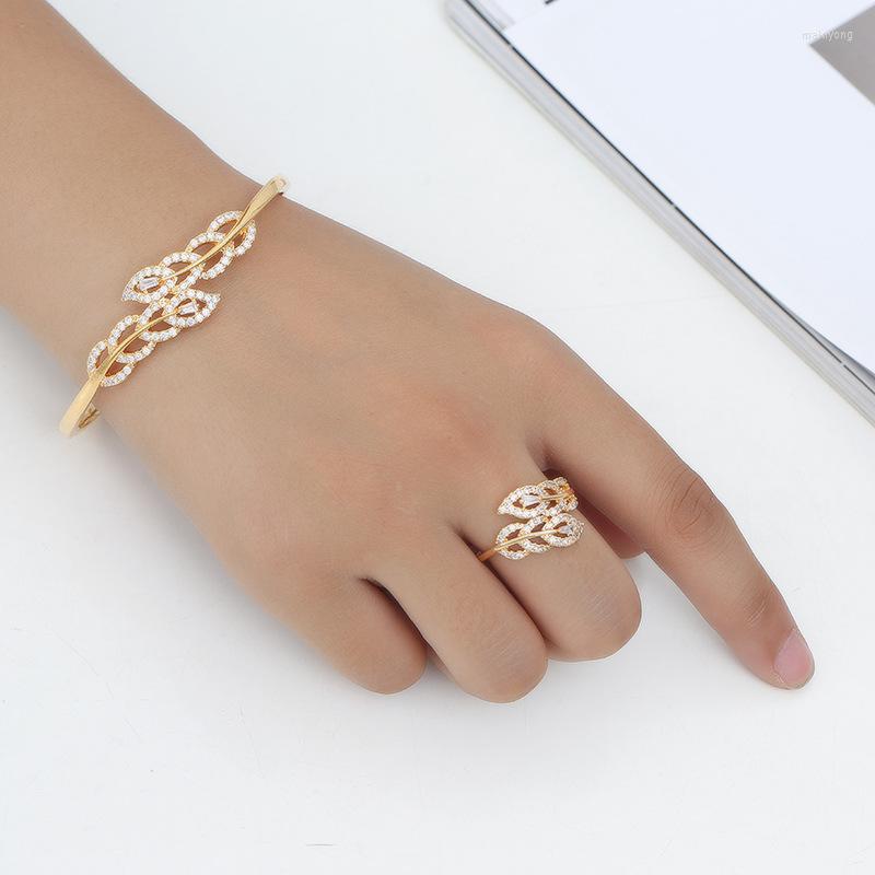 

Necklace Earrings Set High Quality Two Leafs With Ring Fine Women Size Zirconia Copper Bracelet & Gift, Picture shown
