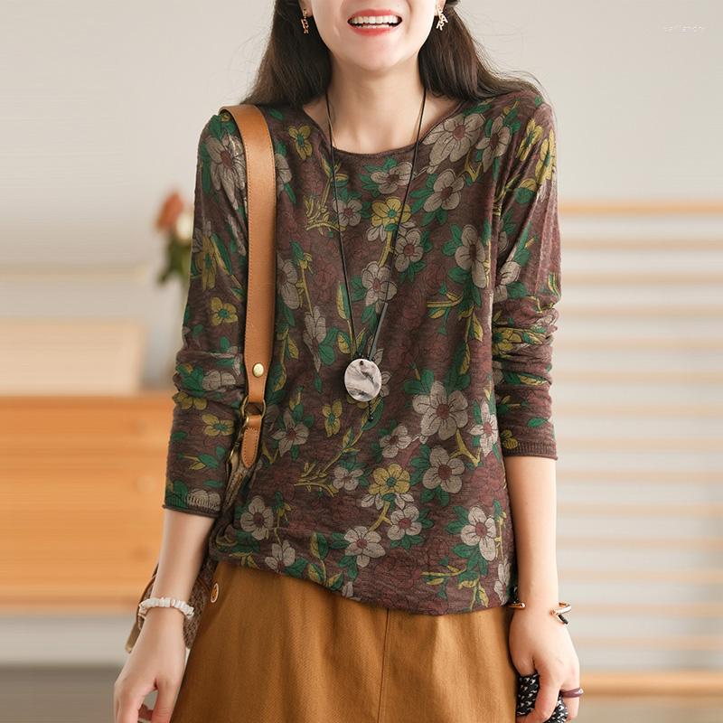 

Women's T Shirts Women's T-Shirt Women Knitted Cotton O-Neck Long Sleeve Print Floral Pullover 2022 Autumn Loose Casual Comfortable